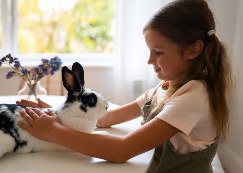 Young girl in a pink shirt gently pets a black-and-white rabbit on a white table by a sunlit window.